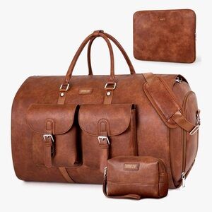 NWOT Travel Garment Bag Convertible Carry-on Duffel Men 3 piece Brown PU Leather